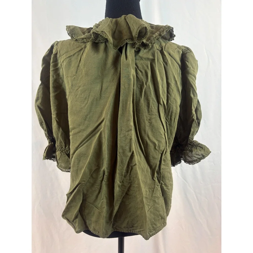 Olive Green Victorian Ruffle Lace Trim Puff Sleeve Pintuck Blouse Top Size XL - Picture 3 of 8
